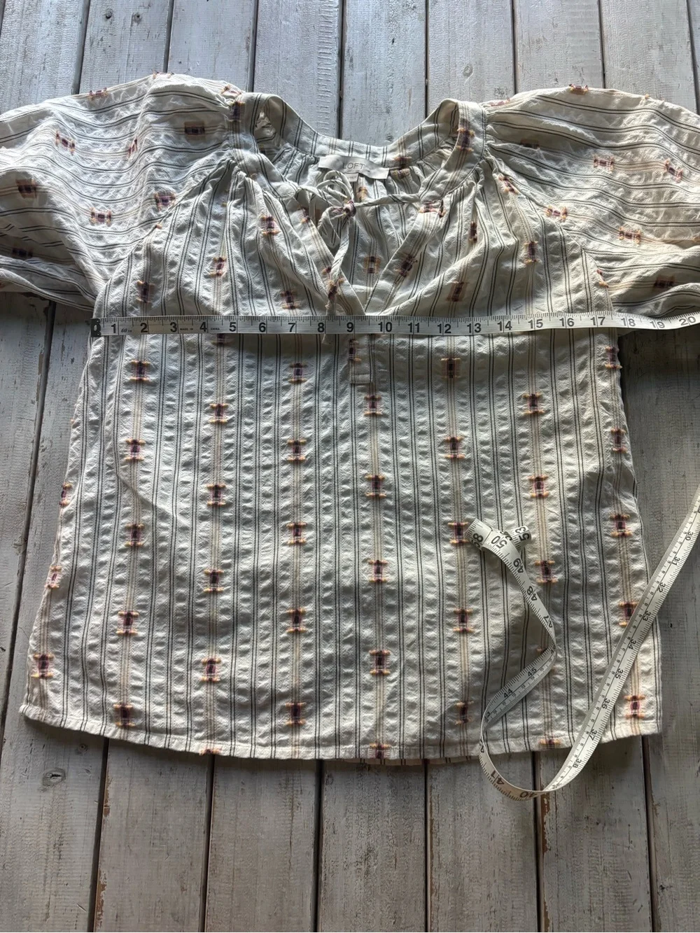 LOFT Embroidered Stripe Peasant Blouse Ivory Multi XS